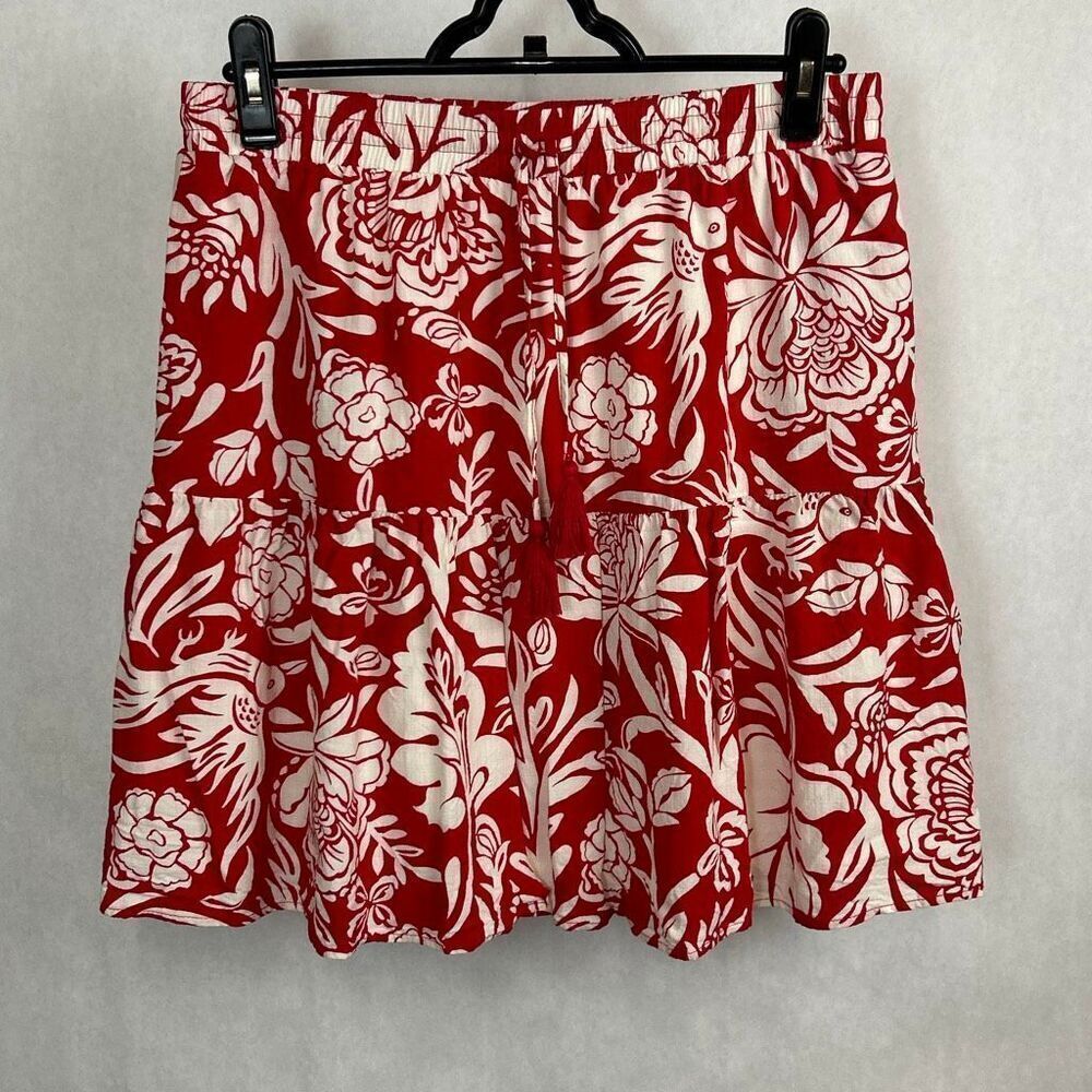 Knox Rose Floral Skirt Sz Large Red Tropical Knee Length Tiered Boho Casual Line